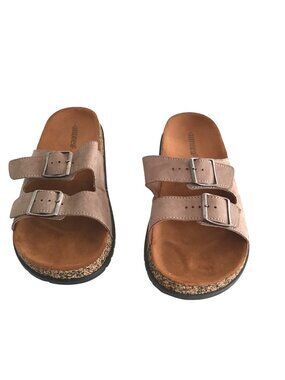 ANDREA - WOMENS TAN DOUBLE BUCKLE CLOSURE SLIP-ON SANDALS SIZE 9